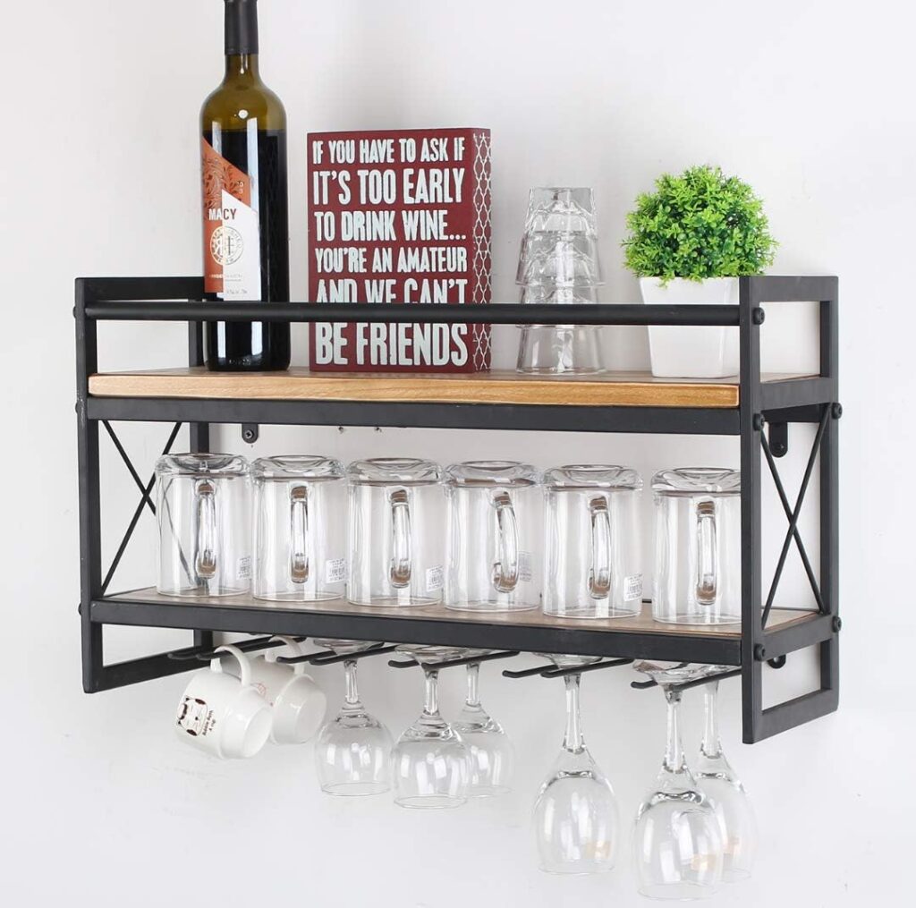 OISSIO Industrial Stemware Rack,Wine Rack Wall Mounted with Wood Shelves,2 Tier Stemware Storage with 5 Stem Glass Holder for Wine Glasses,Mugs,Home Decor,Black(24 inch)