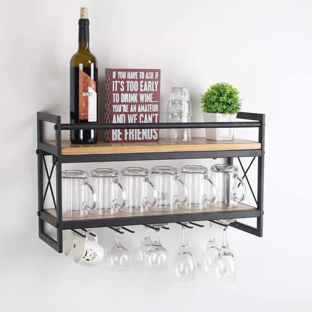 OISSIO Industrial Stemware Rack,Wine Rack Wall Mounted with Wood Shelves,2 Tier Stemware Storage with 5 Stem Glass Holder for Wine Glasses,Mugs,Home Decor,Black(24 inch)