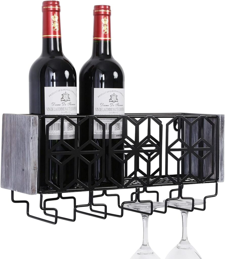 Satauko Wall Mounted Metal Wine Rack for 4 Long Stem Glass Storage, Wine Bottle Holder for Home Kitchen Décor, Rustic Floating Wine Shelves Organizer for Living Room Display.